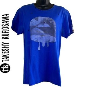 Takeshy Kurosawa Women’s Blue Graphic Print Studded Detail Tees Size L